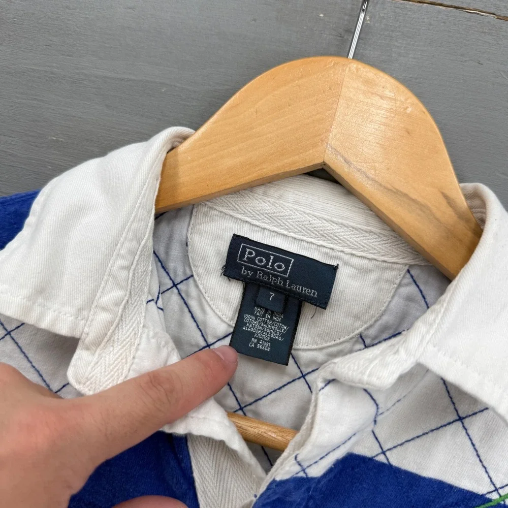 Polo Ralph Lauren Rugby Shirt Blue White Striped Quilted Pony Logo Size 7